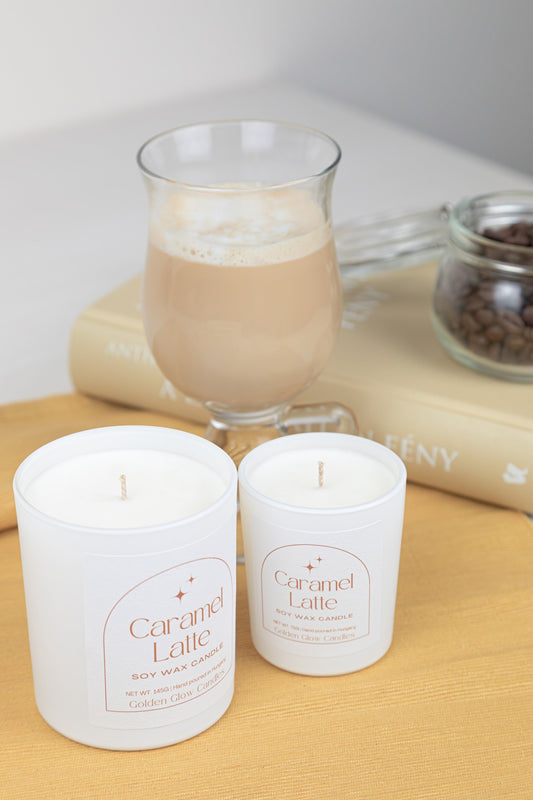 Caramel Latte szójaviasz gyertya, 145g és 75g kiszerelésben
